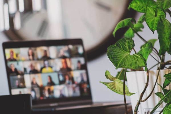 Blurred image of video conference call on laptop